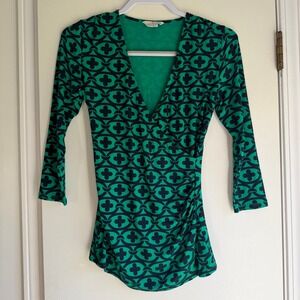 Boden Green Navy Geometric Print Faux Wrap Ruched 3/4 Sleeve Top US 6 UK 10